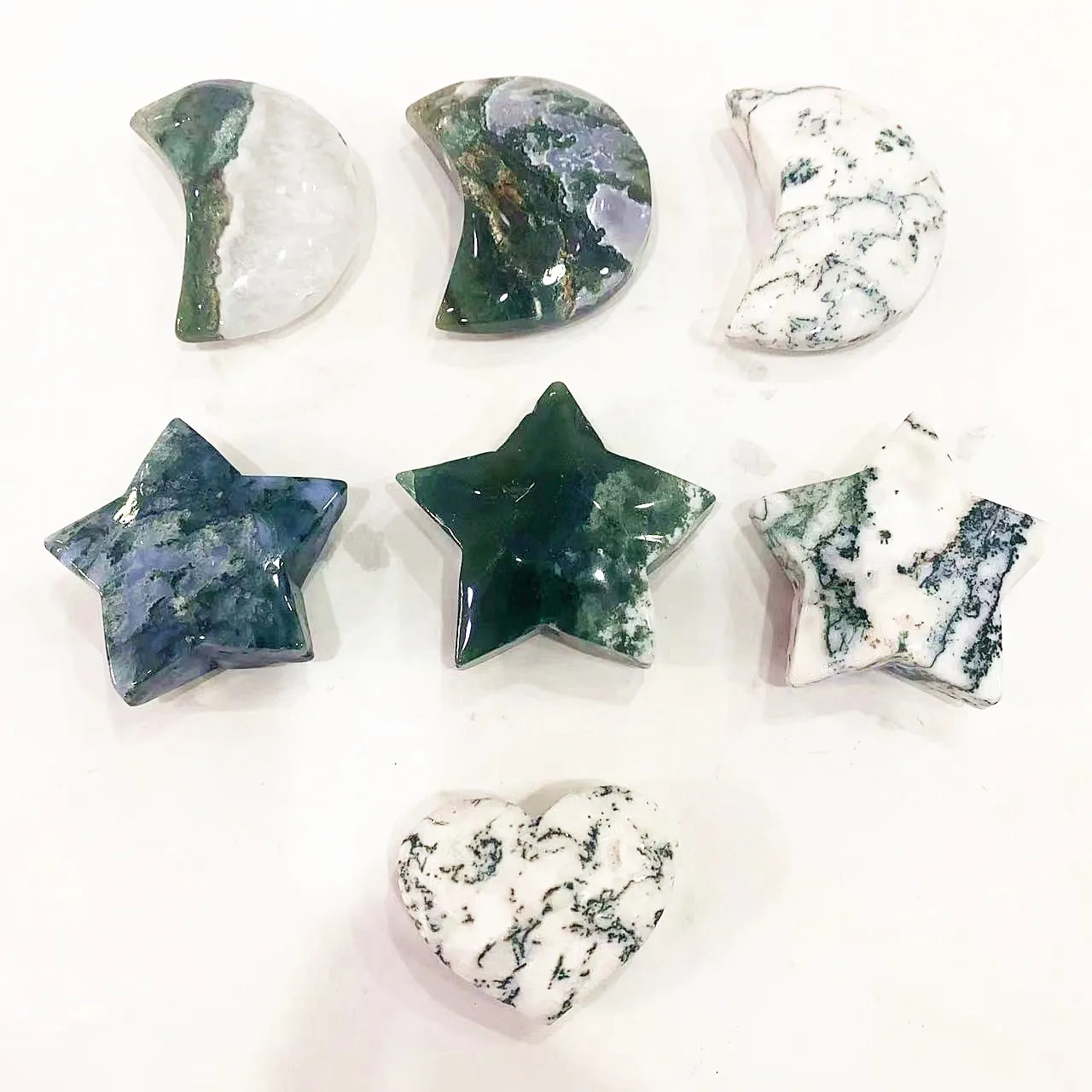 

Natural Energy Healing Crystal Heart Small Moss Agate Moon Star Statue for Home Decorate