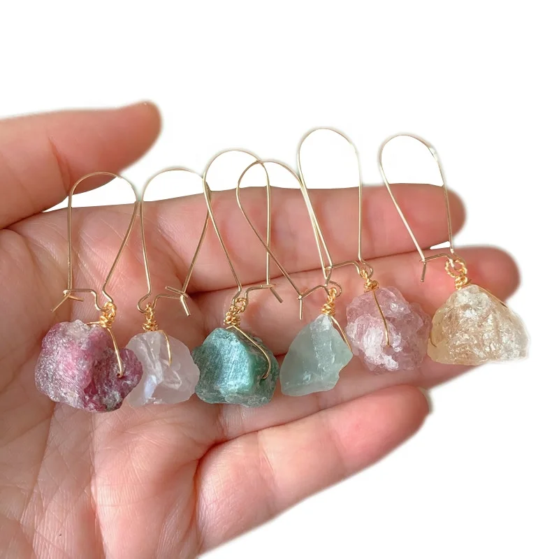 

Luxury Natural Raw Crystal Quartz Stone Gold Plated Hoop Dangle Earrings For Women