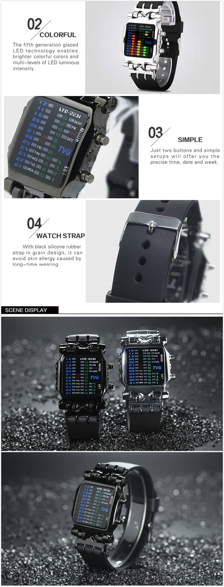 TVG 2231 Men LED Digital Wrist Watch 2019 New Cool Creative Colorful LED Luminous Waterproof Rubber Hand Watch For Male