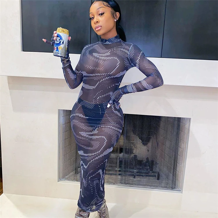 

Women Sexy See Through Long Dress Ladies Printing Long Sleeve Party Club Slim Dress, Customized color