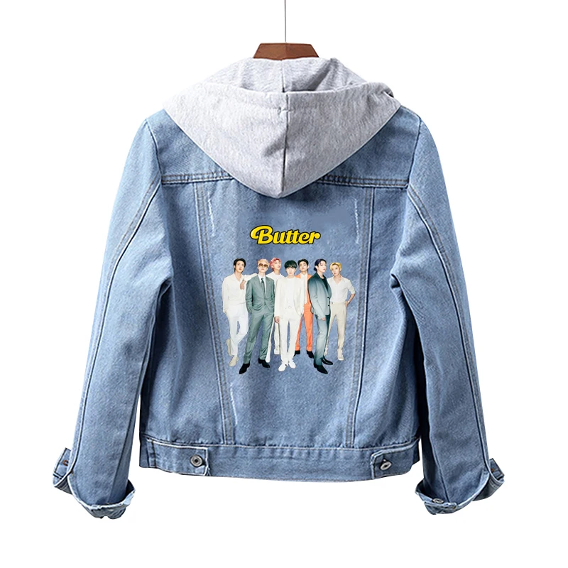 

custom hooded denim jacket women for men Bangtan Boys short hooded denim jacket Bulletproof Boy Scouts and BL, Blue