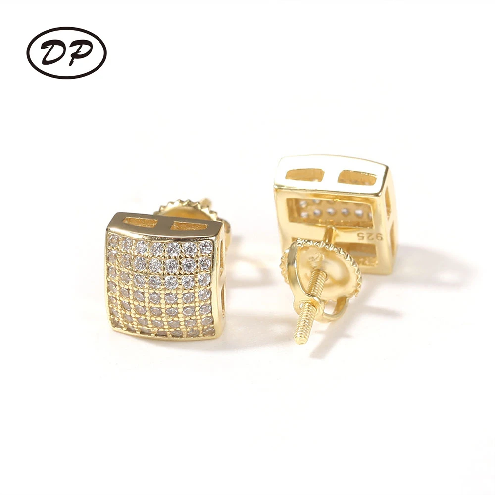 

DP Hip Hop Mens Micro Paved Earrings Square Iced Out CZ Stud Earring Bling Rapper Jewelry, Gold,sliver