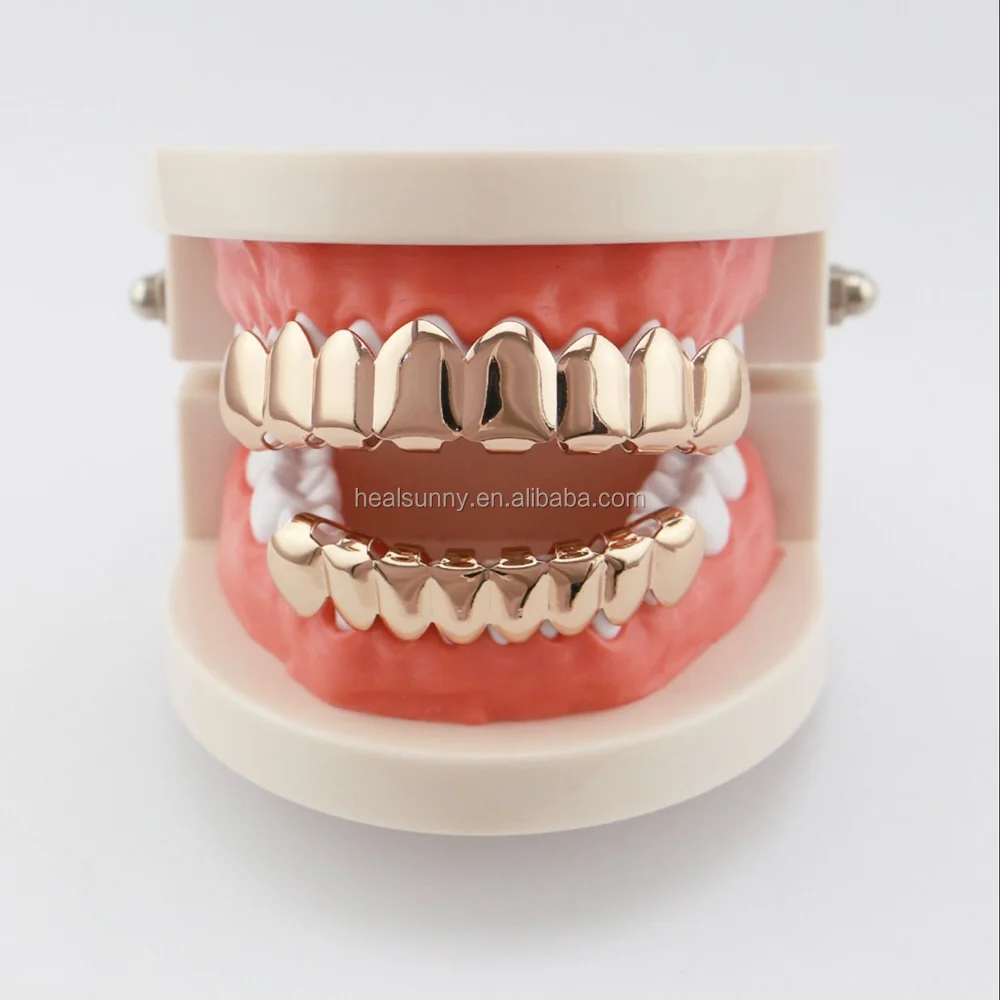 

Gold Teeth Grillz Top Bottom Grills Dental Mouth Punk Teeth Caps Cosplay Party Tooth Body Jewelry Dental Grills Set