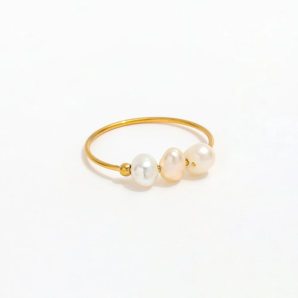 High End 18K PVD Gold Plated Three Freshwater Pearl Dainty Ring Stainless Steel Women Ring Tarnish Free Jewelry