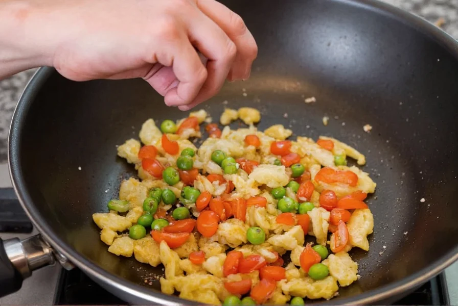 Chef adding Szechuan pepper substitute blend to wok with vegetables