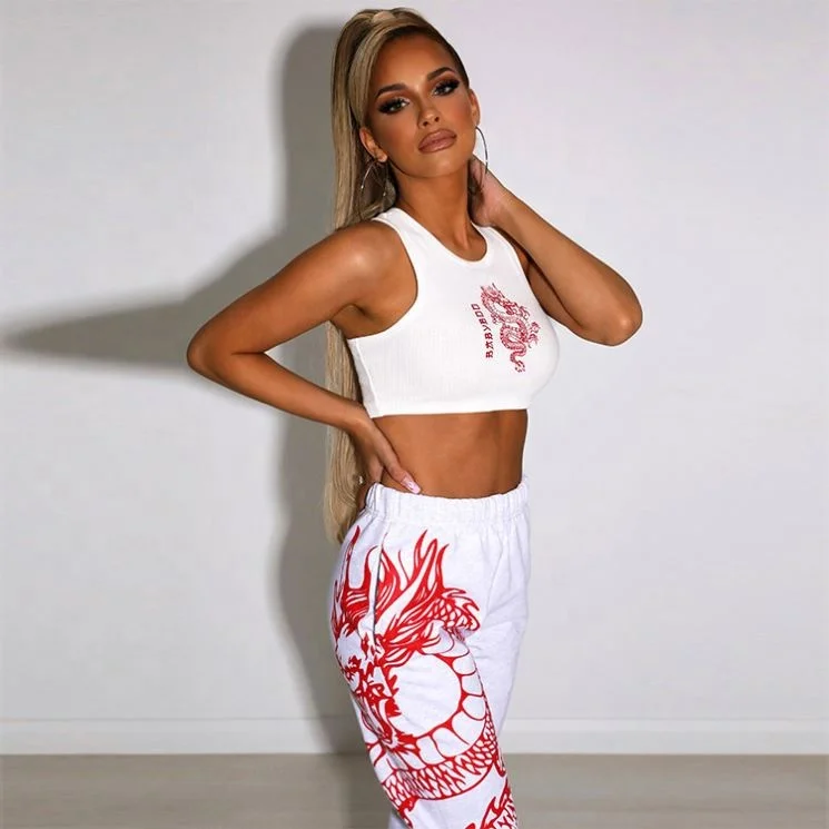 

2021 fashion Lip Printed Elastic Waist Casual Loose Sporty Trousers and tube top Plus Size Women two piece pants set, As picture or customized make