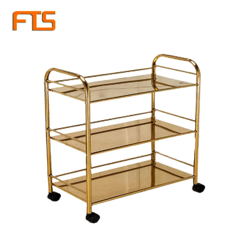 

FTS Hotel Trolley Kitchen Serving Food Stainless Steel Cart Gold Metal Tea Coffee Hand Carts & Trolleys