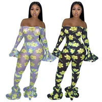 

2019 Women Flower Jumpsuit And Rompers Club Party Sexy Sheer Bodysuits Bodycon Mesh Jumpsuit