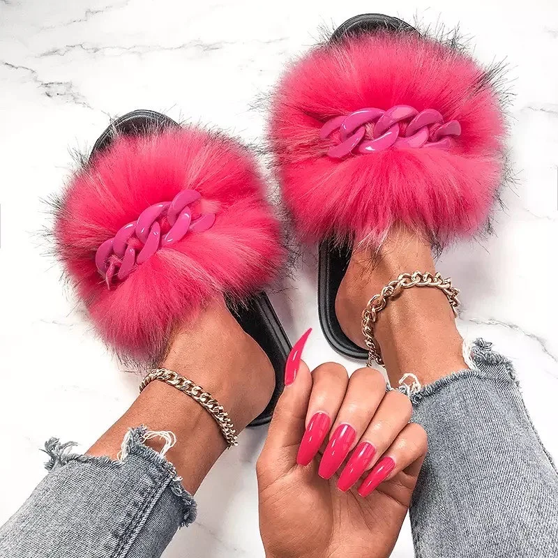 

Custom Logo Fashion Indoor Eva Sole High Imitation Fox Fur Slides Sandal Colorful Slipper for Women