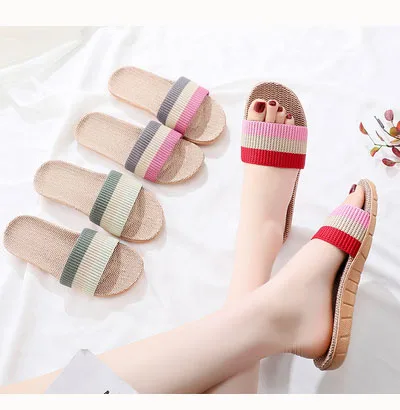 

Summer home floor four seasons indoor non-slip couples women and men linen soft sole slippers, As picture