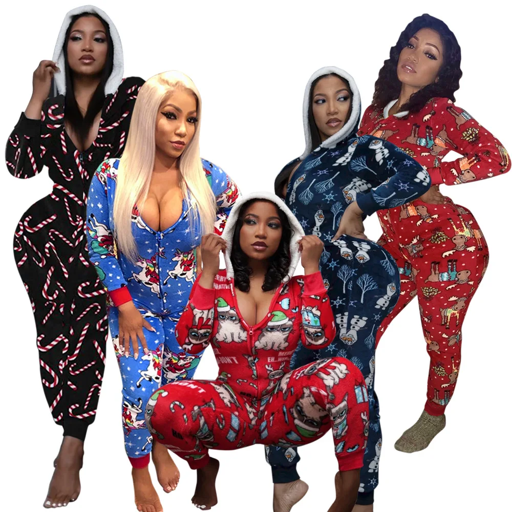 

Hot selling Christmas home wear with hooded V-neck jumpsuit adult onesie for women