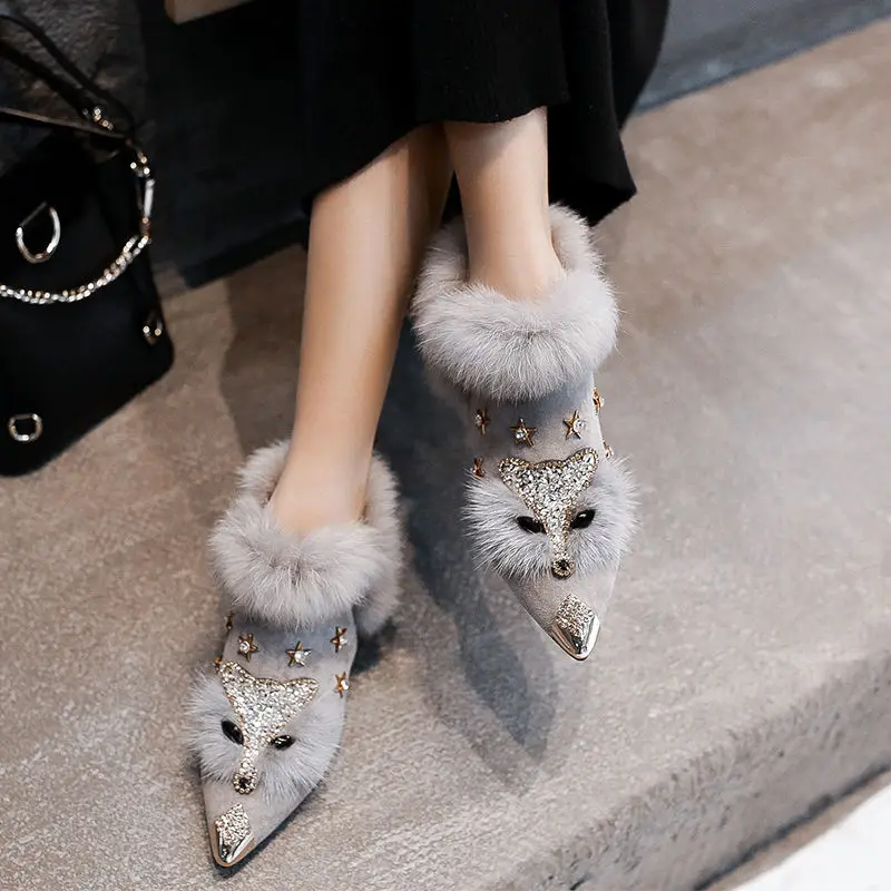 

Winter Boots Womens Pointed Metal Ankle Boots Crystal Fox Pattern Women Metal Pointed Toe Glitter Fur Moccasins Bottes Femme