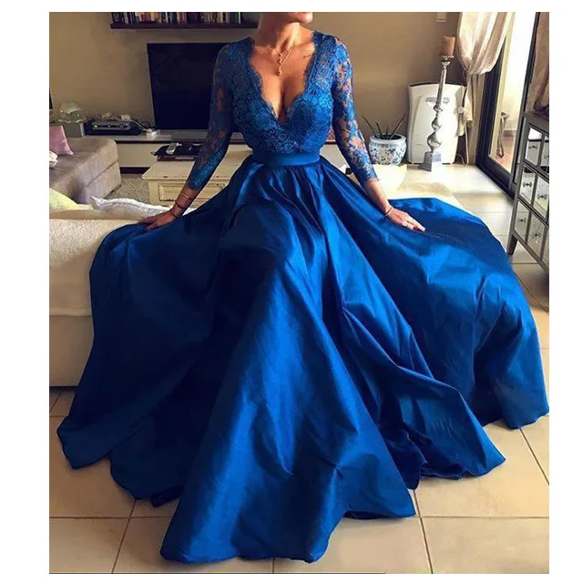 

Royal Blue Lace Appliques v-neck Long Sleeves Split Prom Evening Dresses Gowns, Customized colors