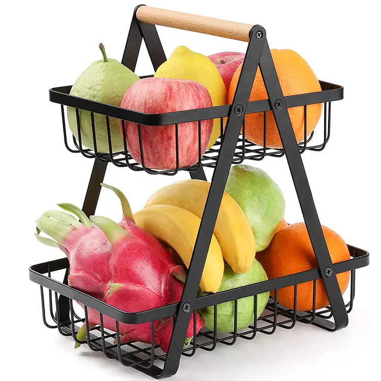 

New Design Two Tier Metal Iron Fruit Counter Top Basket Storage Stand in Black, White;black or oem color