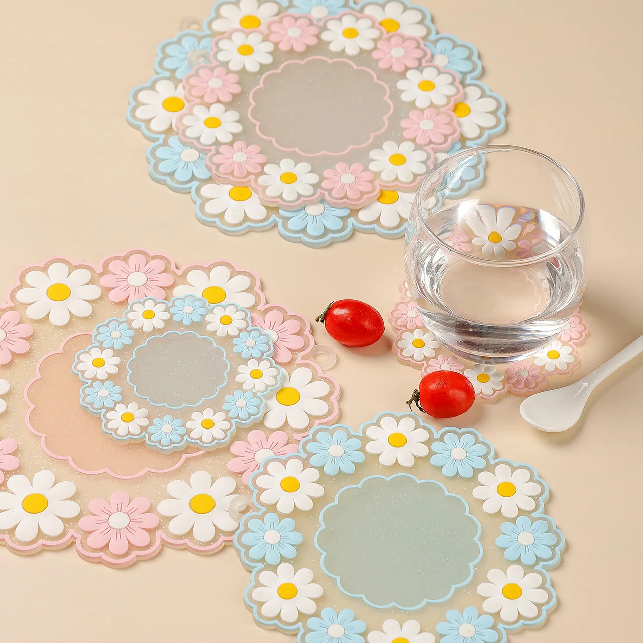 

Flower daisy pattern easy wipe cute durable anti skid insulation pad PVC mug coaster, 2 colors per design