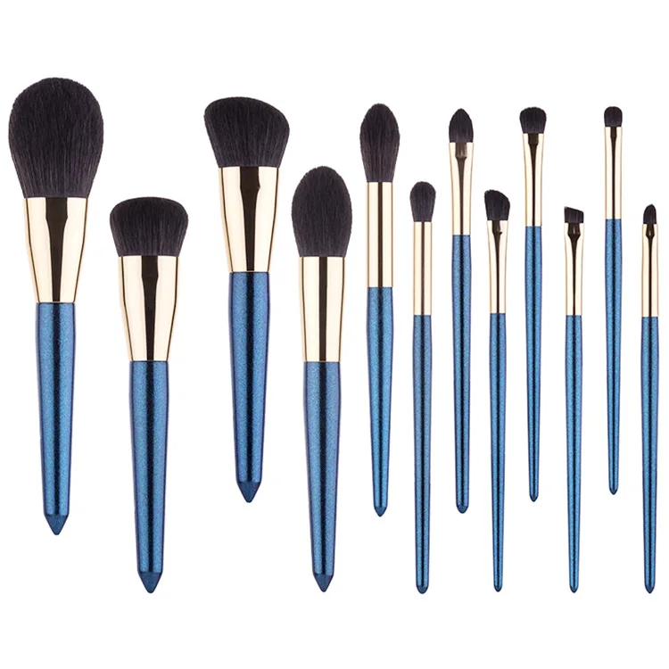 

Popular 12pcs Professional Bling Blue Handle Gold Tube Luxury Makeup Brushes Set