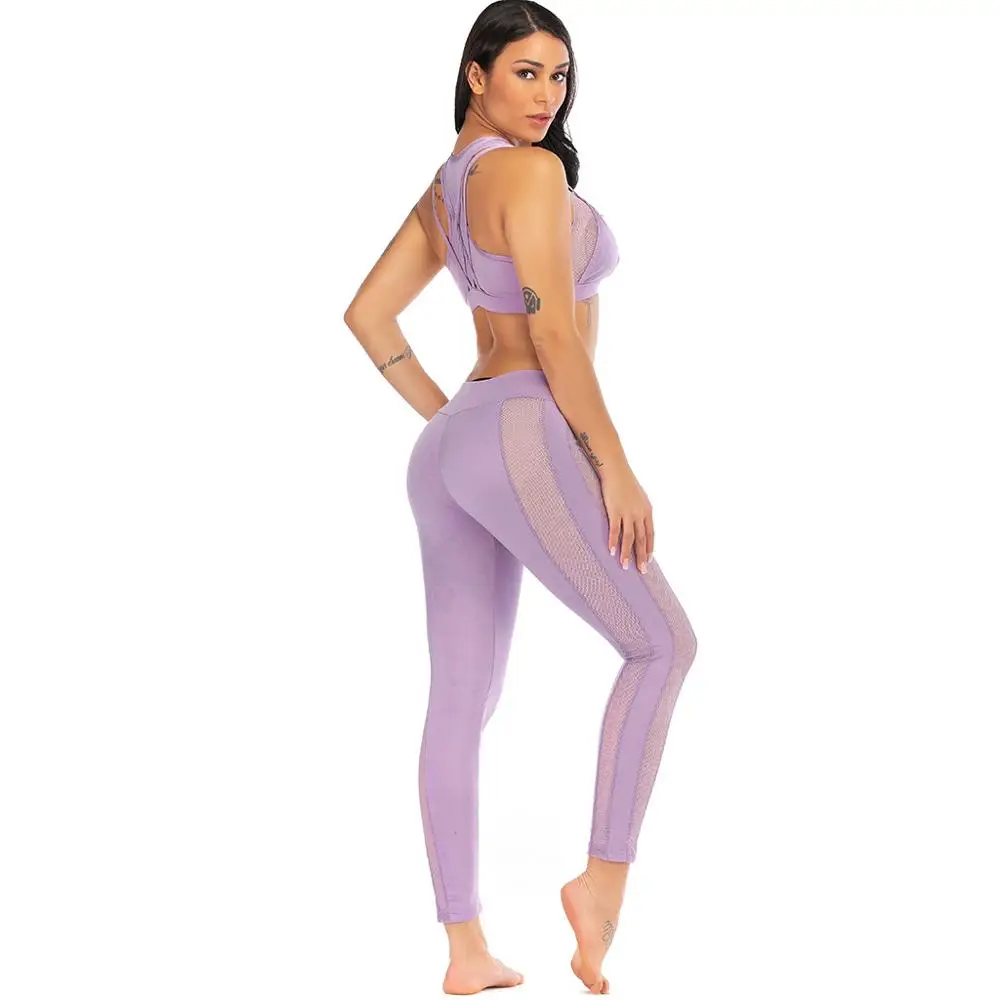 

Cheap Woman Sexy Mesh Cross Back Bra and Leggings Sports Yoga Sets, Shown as photo