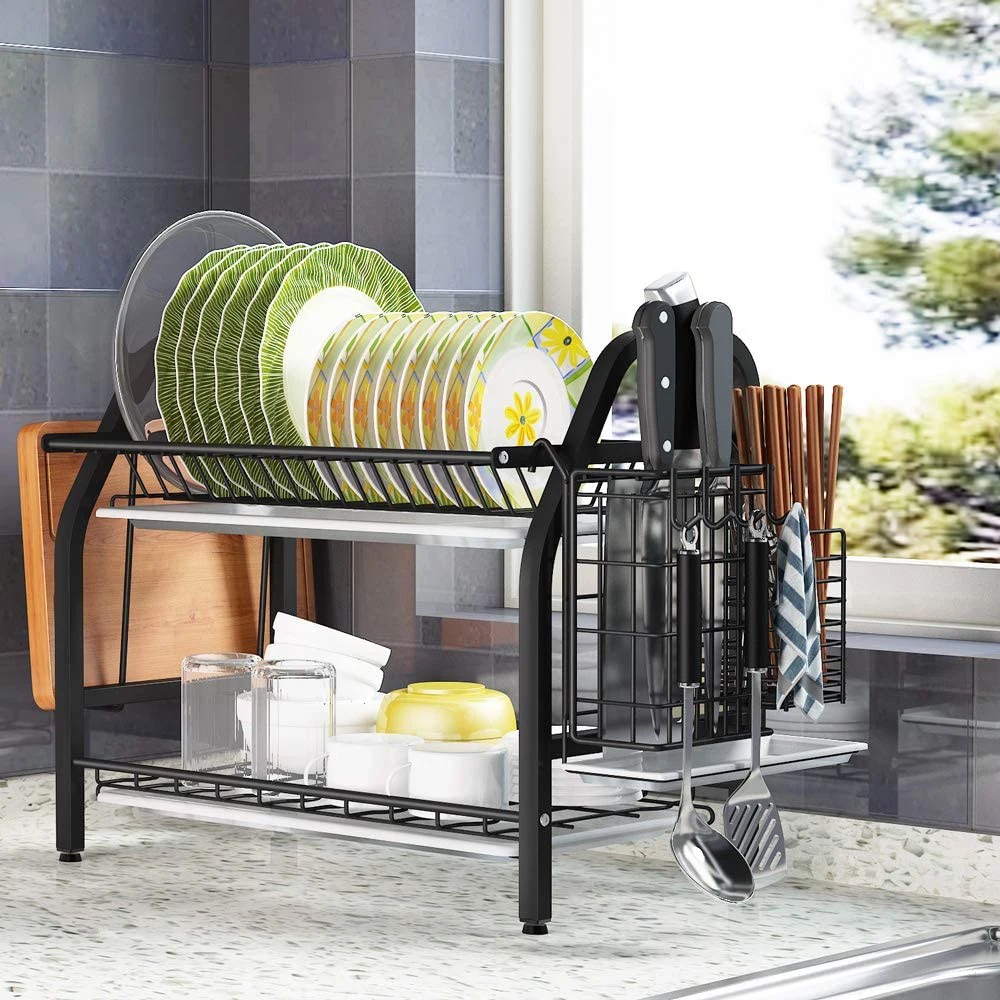 

ORR150 Dish Drying Rack 2 Tier Dish Drainer with Removable Drain Board Utensil Knife Cutting Board Holder, Black