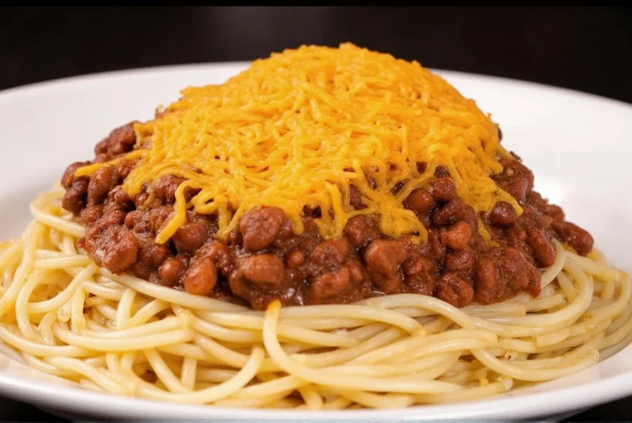 Ron's Hamburgers and Chili signature three-way chili served over spaghetti with cheese