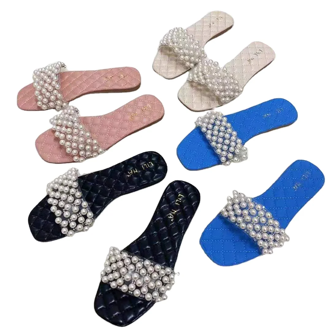 

Factory Summer hot sale wholesale luxury slippers flat women shoes Square Toe Sandals Solid Color Comfortable outdoor Slippers