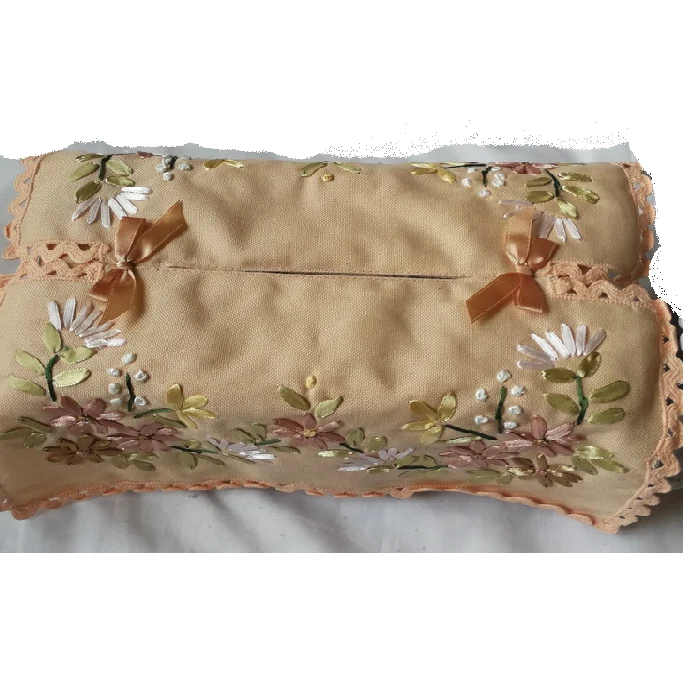 

Pretty Hand Embroidery Silk Ribbon Flower Crochet Lace Tissue Box Cover