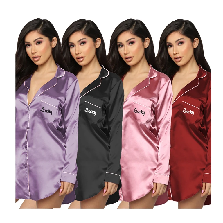 

Women's long sleeve boyfriend style loungwear daily life casuel silk nightgown sexy pyjamas women sleepwear, 4 colors
