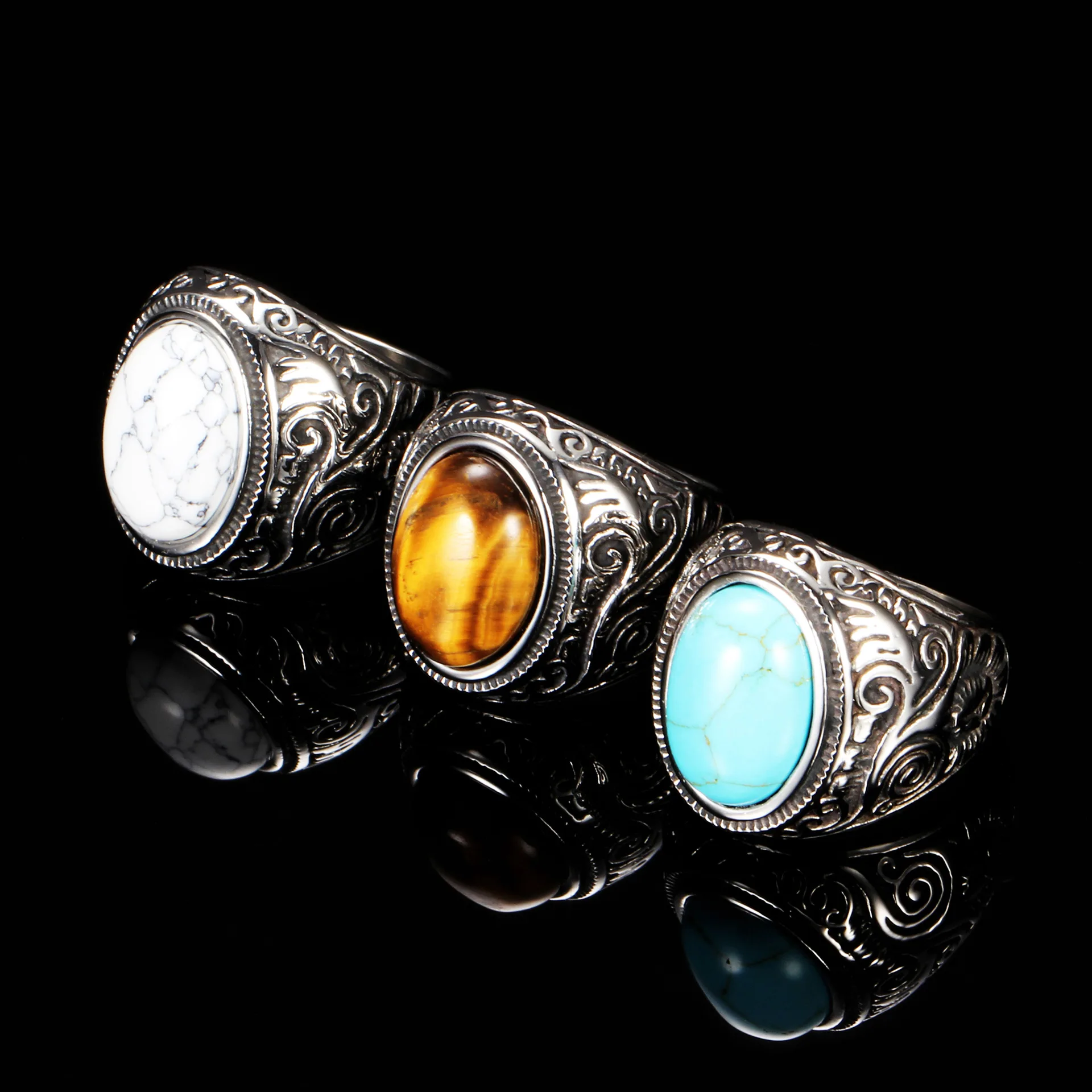 

Wholesale titanium steel Vintage palace style men's ring stainless steel hand-set turquoise simple fashion carving jewelry, 4 colors