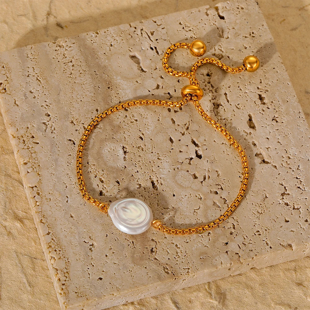 

Drawstring Flat Freshwater Pearl Bracelet Niche Adjustable Stainless Steel 18K Gold Plated Jewelry Valentine Gift
