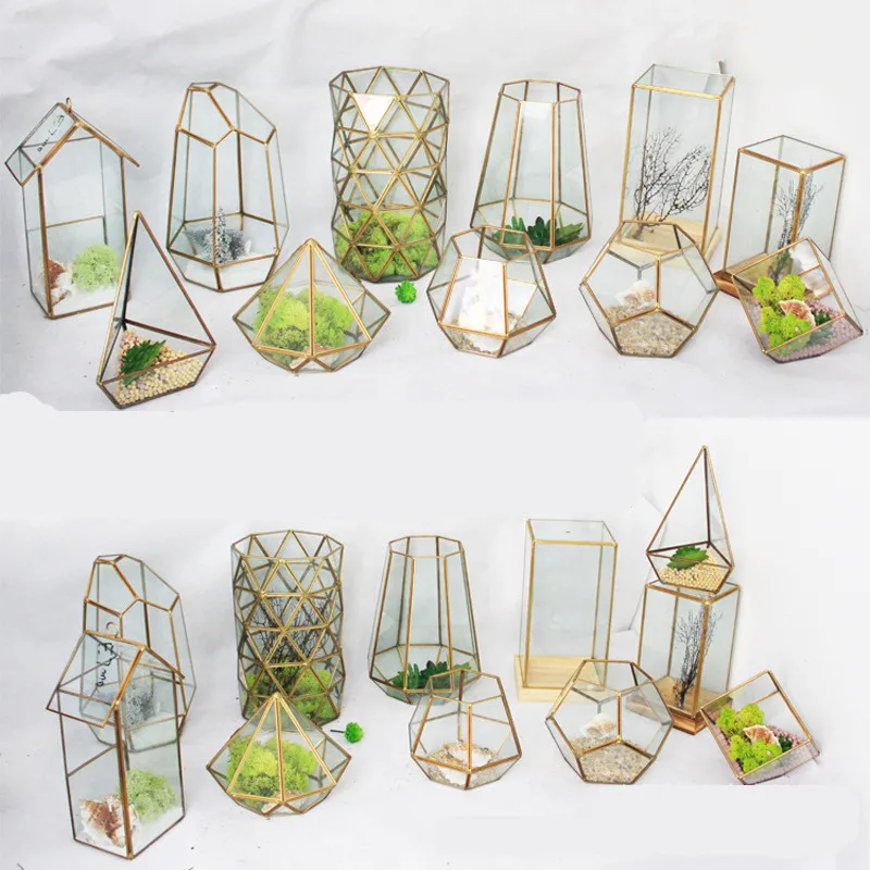 

Factory supply irregular glass gold geometric Terrarium for tabletop succulent plant planter, Black and gold