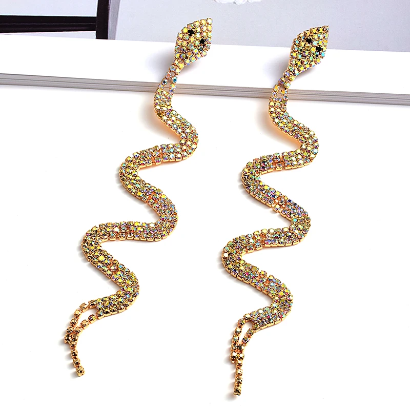 

Top Selling Exaggerated Rhinestone Snake Earrings Fashion Luxury Brand Designer Diamond Long Charm Snake Dangle Earrings Jewelry, Ab multi gold, black, silver
