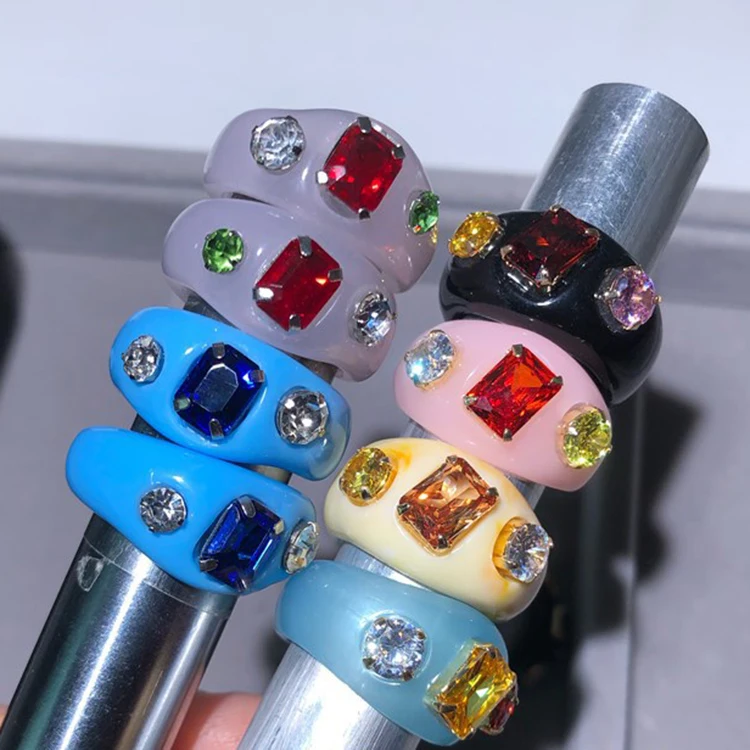 

High Quality 2021 New Trendy Bling Zircon Candy Color Acrylic Women Rings Geometric Pink Resin Girl Ring Size 5.5-7.5, 6 colors