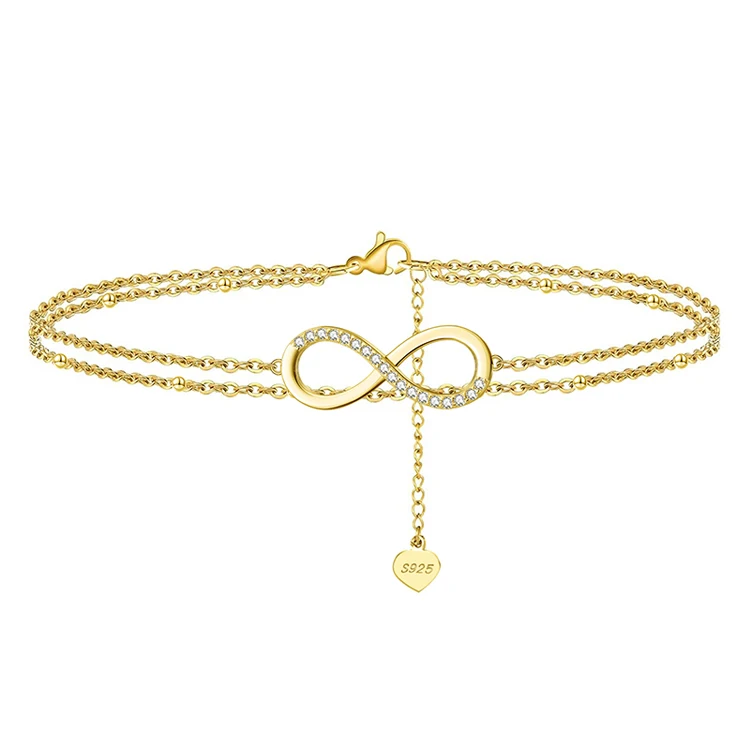 

RINNTIN SA16 925 sterling silver zirocn Infinity anklet foot jewelry gold plated layered bead chain ankle bracelet anklets women