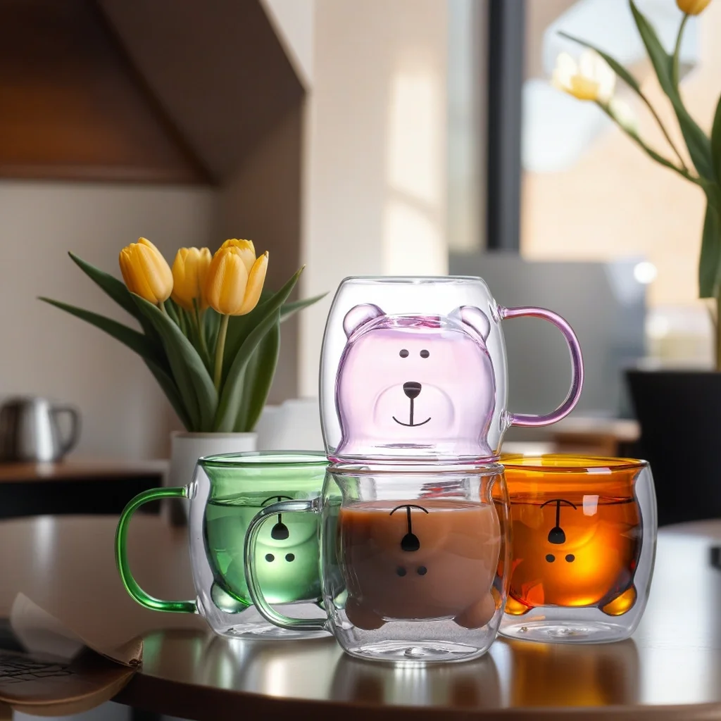 250ml different color high borosilicate bear shape double-walled glass cup coffee mug with handle