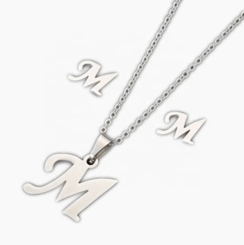 

Women Valentine Gift Initial English 26 Alphabet Letters A-Z Stainless Steel Pendant Necklace Earrings Silver color Jewelry Set