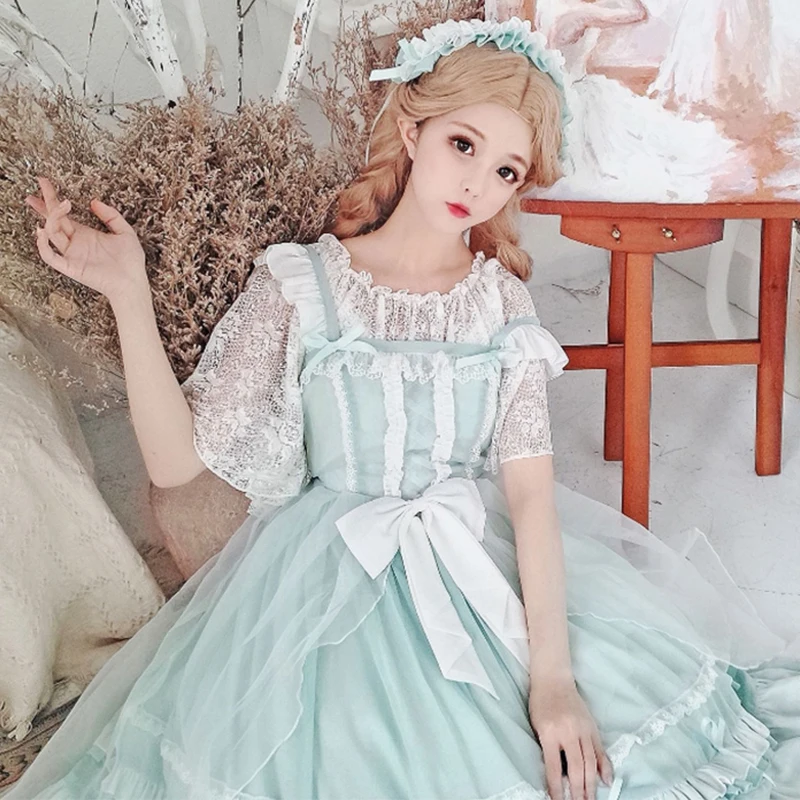 

Sweet Light Custom Blue Lolita Vintage Dress Classic Miss Pere Mid Sleeve Dress, If grass color,soft pink,orange pink