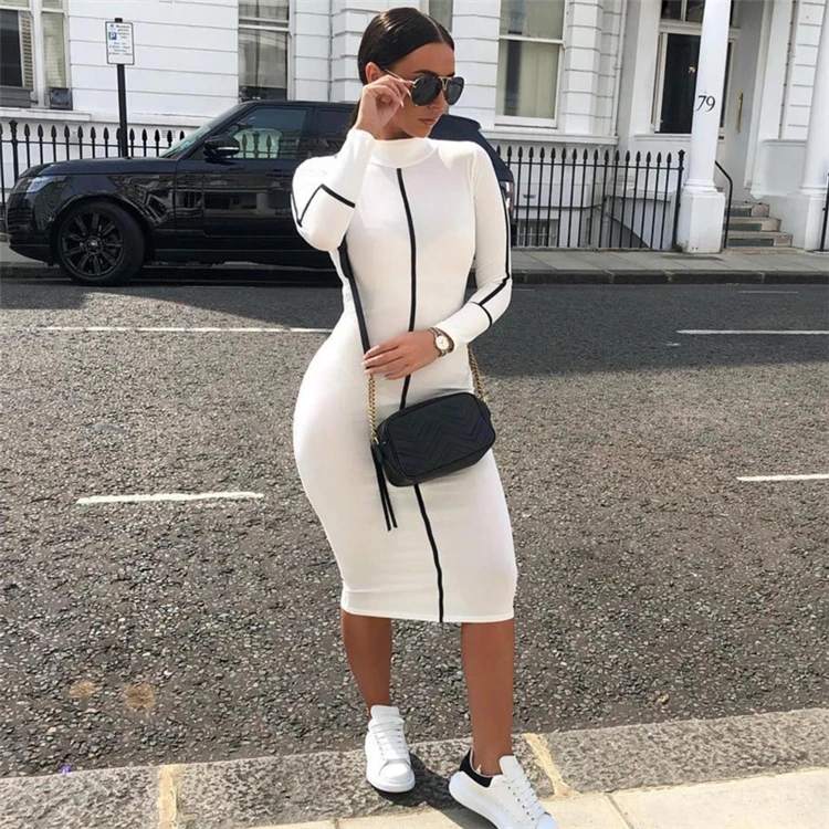 

Amazon Hot Sell Women Long Sleeve Burst Summer Women's Casual Dress Hit Long-Sleeved sports Slim Dress, Customized color