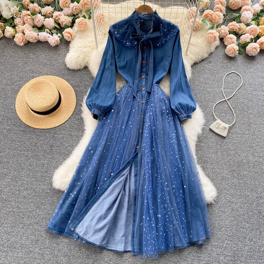 

Fall Winter New Stand-Up Collar Elegant Temperament Mesh Splicing Denim Shirt Long Dresses
