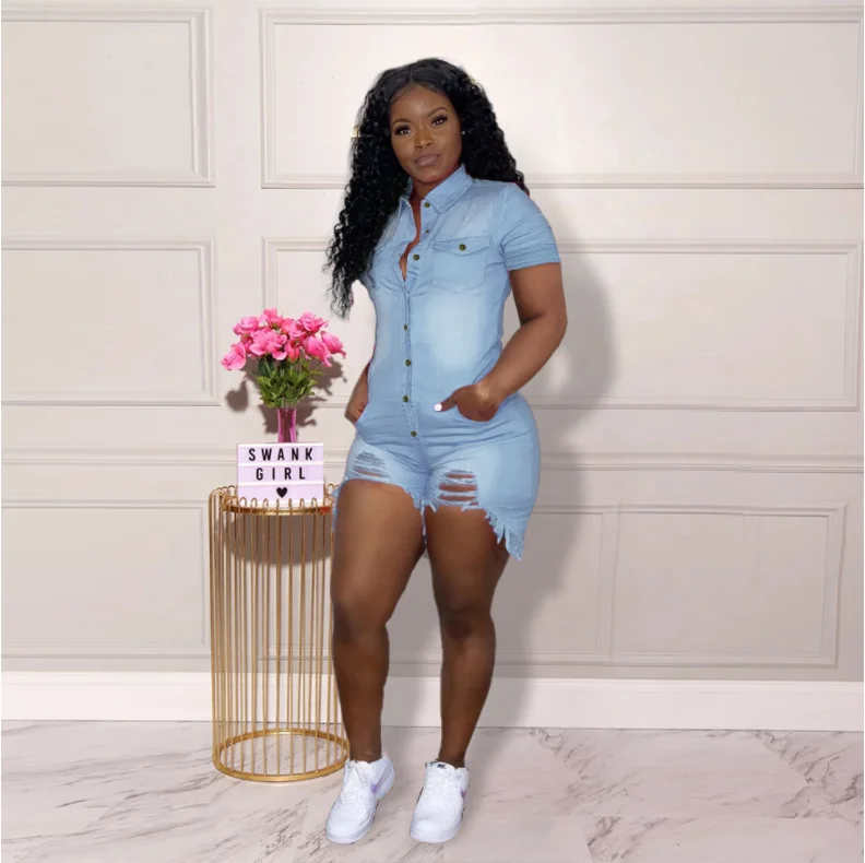 

New Fashion Ripped Denim Jeans Jumpsuit Short Women Denim Jumpsuits