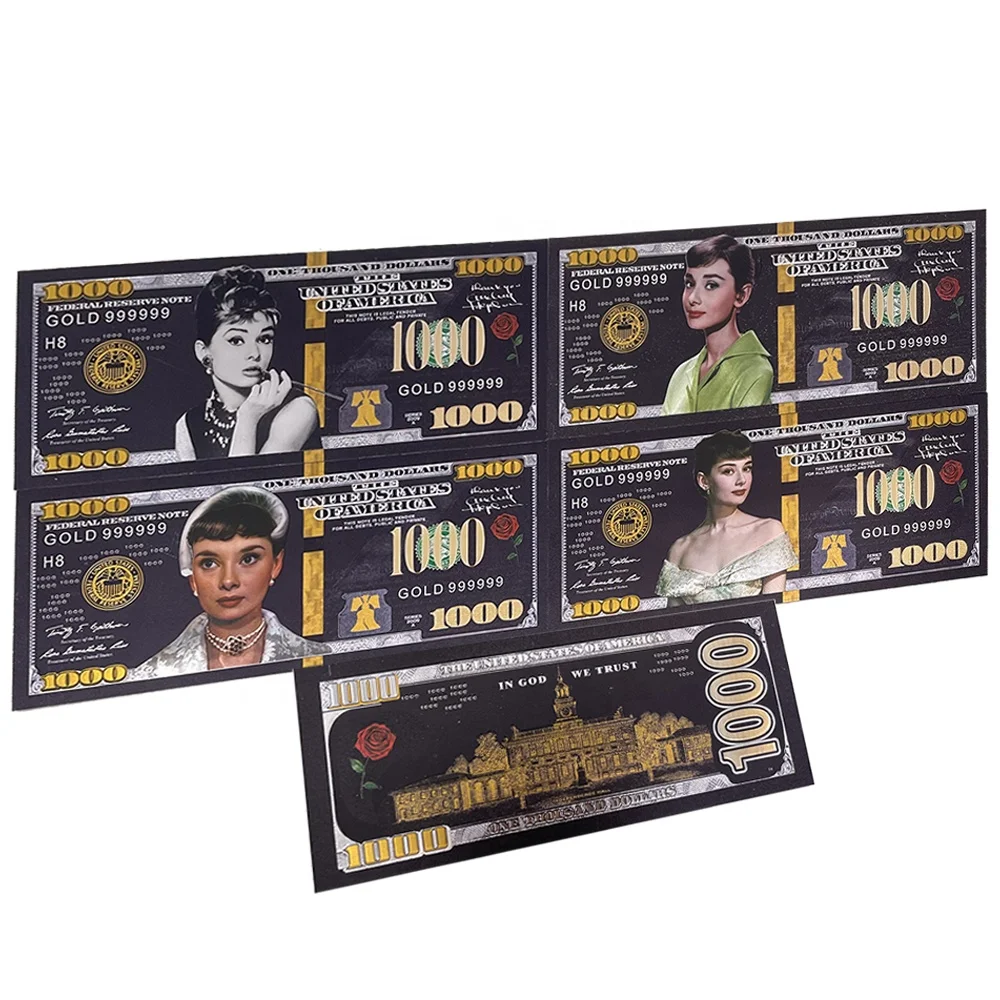 

Classical character Audrey Hepburn gold plastic card Super Movie Star Commemorative 1000 dollar bills prop money for collection