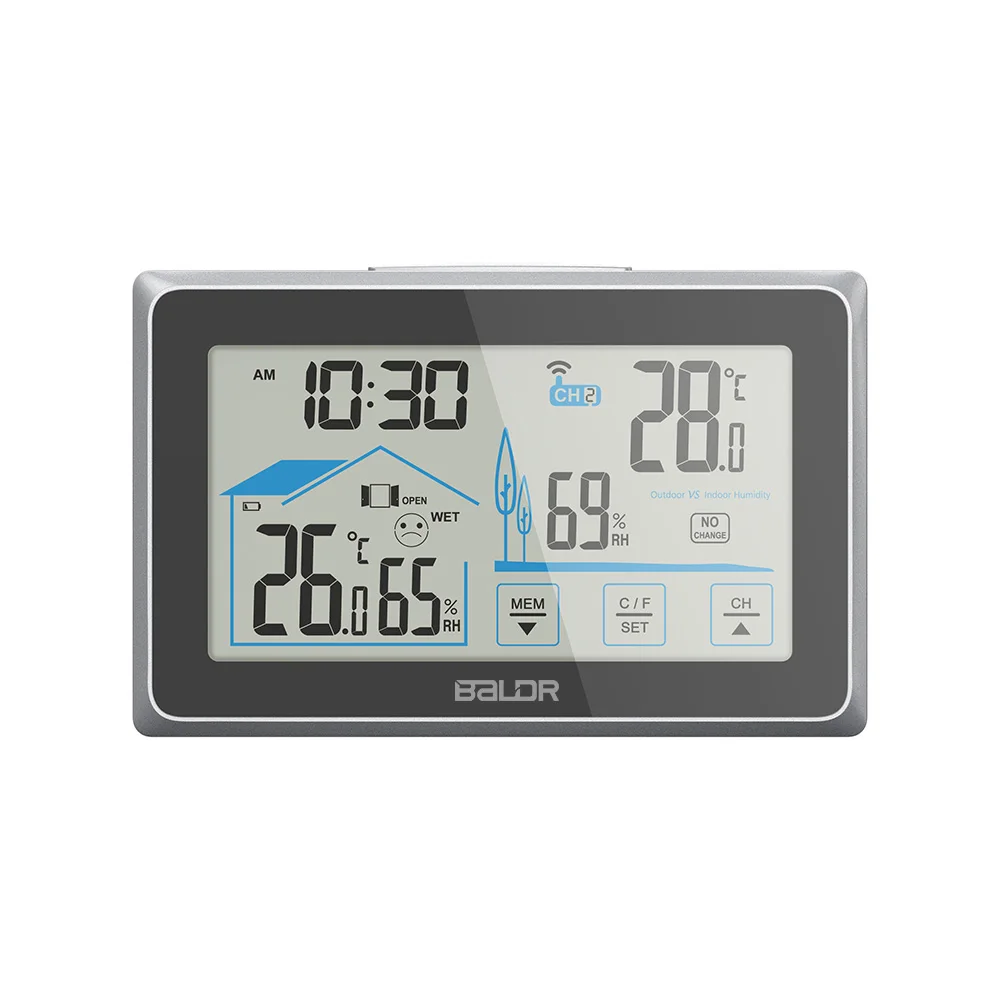 

BALDR B0340 Digital Indoor Outdoor Thermometer Hygrometer Wireless Weather Station With Remote Sensor Touch Screen Table Clock, White black