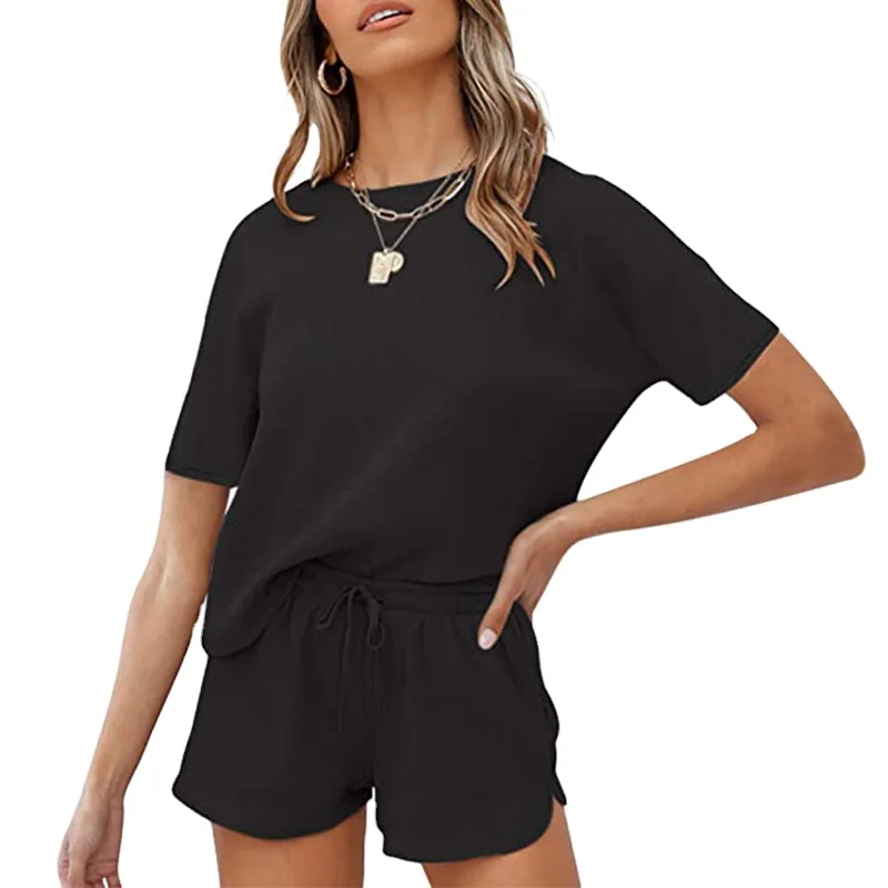 

9880# Hot selling popular summer women two piece short set solid color work out wear leisure o-neck rib two piece set