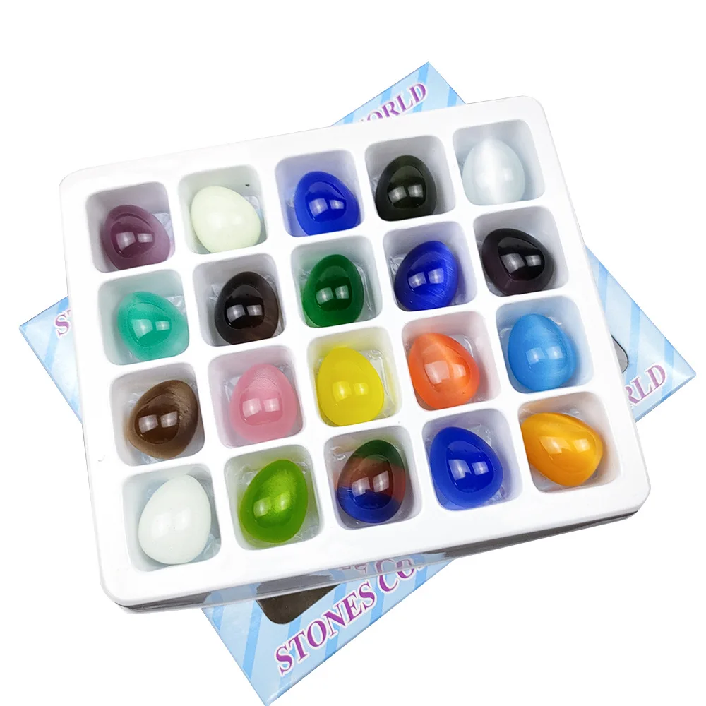 

Natural Crystal Gemstone Collection Gift Polished 20 Kinds Different Color Cat Eye Egg in Gift Box, Picture