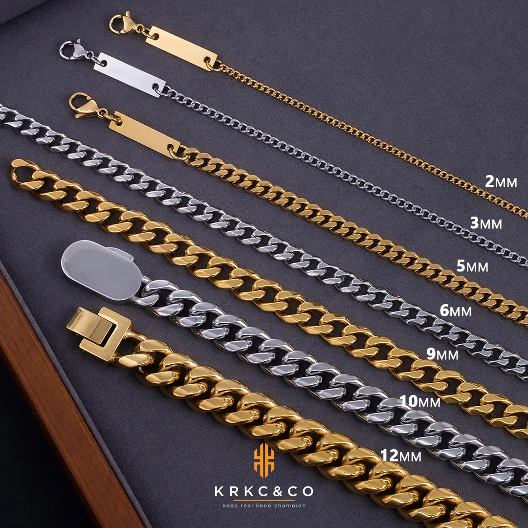 

KRKC Flat Curb Solid Gold Stainless Steel Miami Cuban Link Choker Chain Necklace for Men Hip Hop Jewelry Luxury Cuban Link Chain