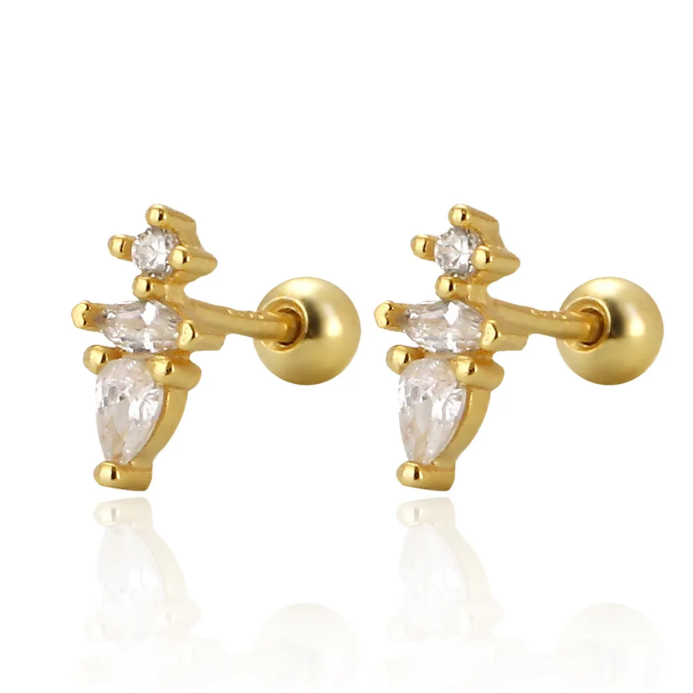 Fashion Jewelry 925 Sterling Silver Minimalist Water Drop Shape with Cz Zircon Ball Piercing Screwbacks Stud Earring Jewelry