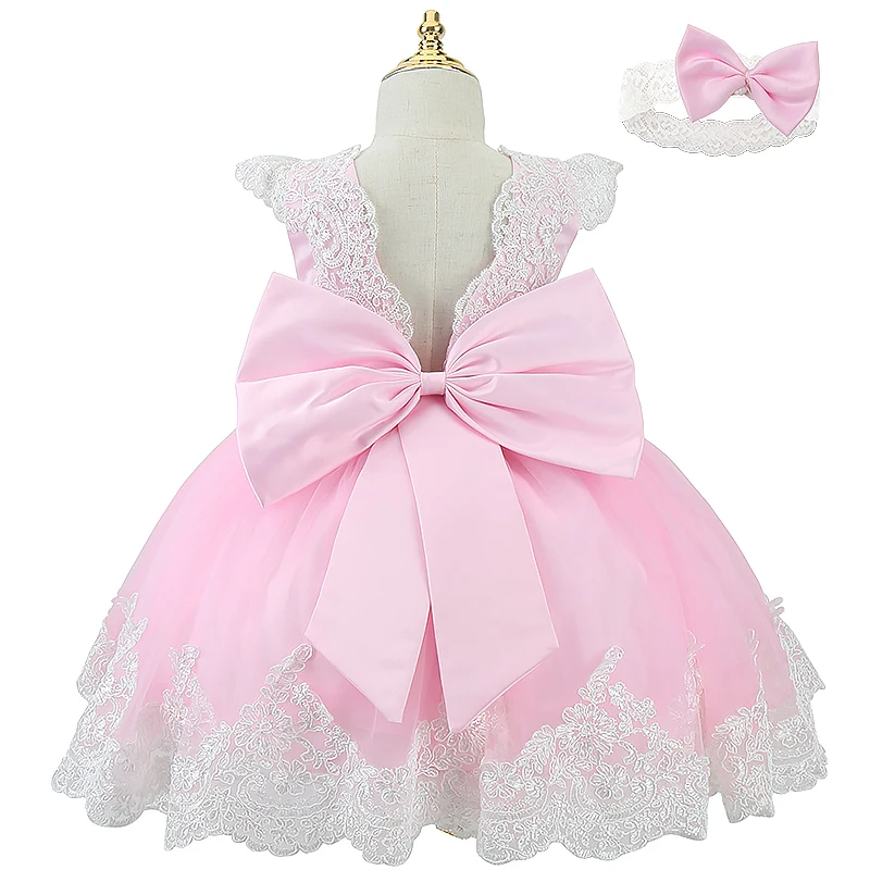 

Children's pink dress with big bow for birthday skirt Baby Lace Backless Flower Girl Party Dress, Customized color