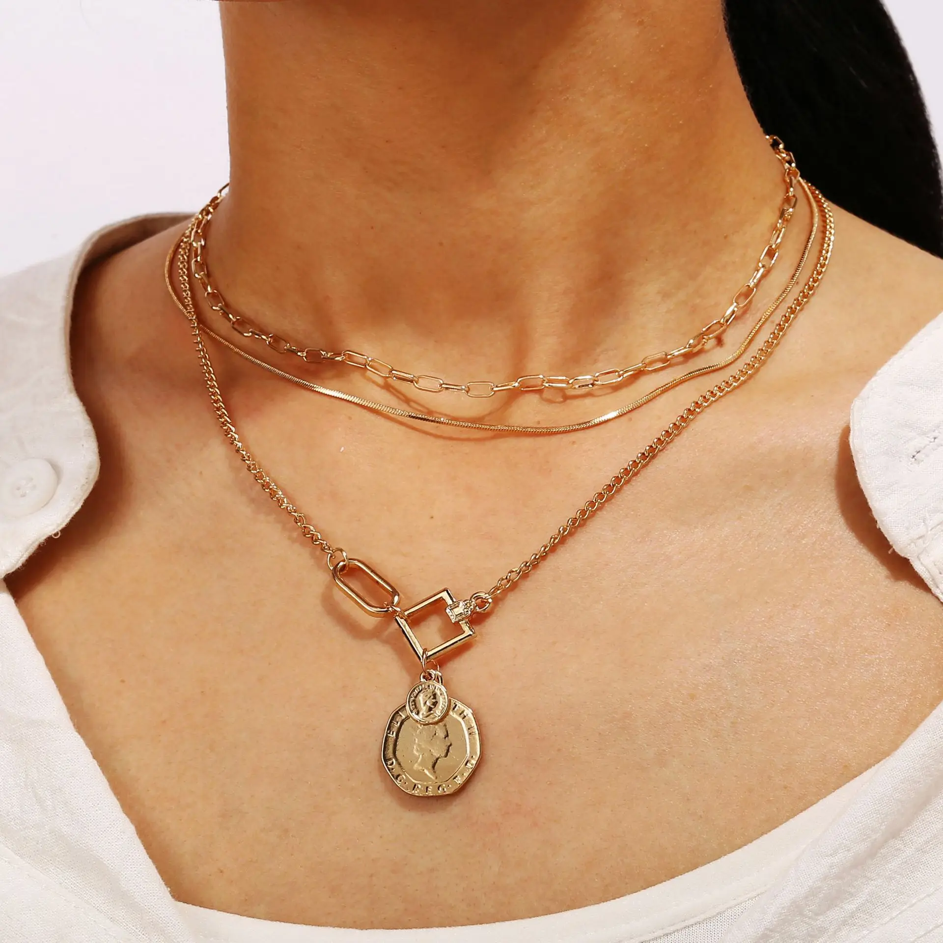 

Women Jewelry Fashion Accessories Coin Gold Plated Baguette Gothic Engraved Virgin Mary Layers Chains Necklaces, As picture