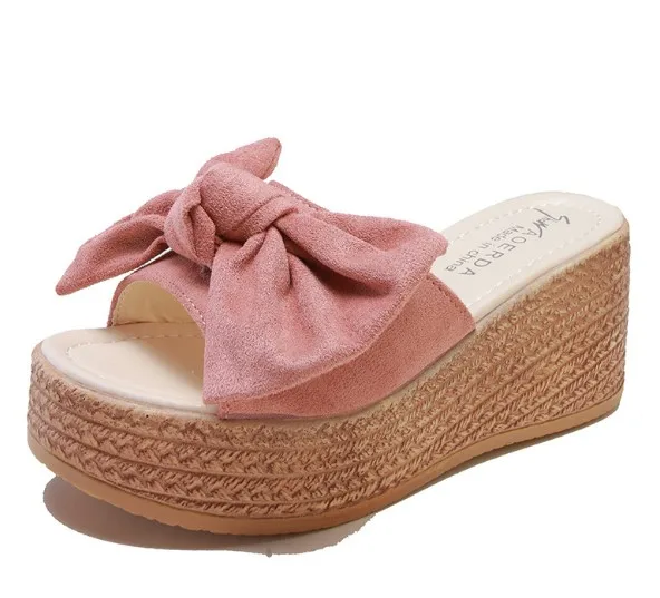 

2021 wholesale new style sandals and slippers with thick bottom and open toe fashion bow-shaped wedge sandals, Picture