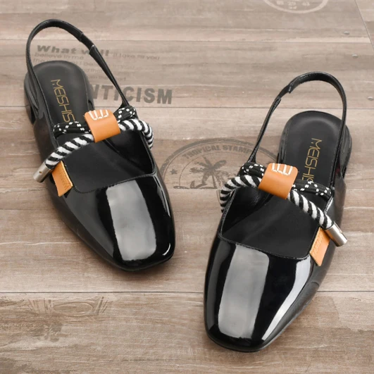 

Goxeou Women Flats Ladies Slingback Shoes Female Flat Sandals Slingbacks Square Toe Patent Leather Causal Leisure Fashion Daily