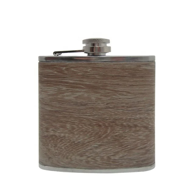 

Portable Stainless Steel Square Flagon Wood grain leather stainless steel 6oz wine pot