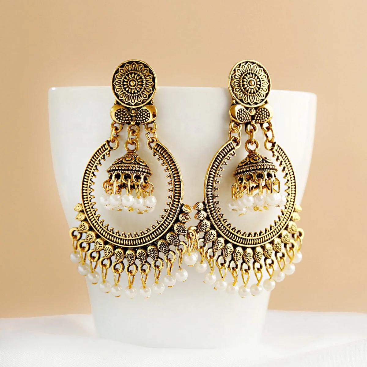 

Fashion Jewelry Women Ethnic Gypsy Gold Big Circle Bell Drop White Beads Tassel Indian Jhumka Earrings, As the photos showed